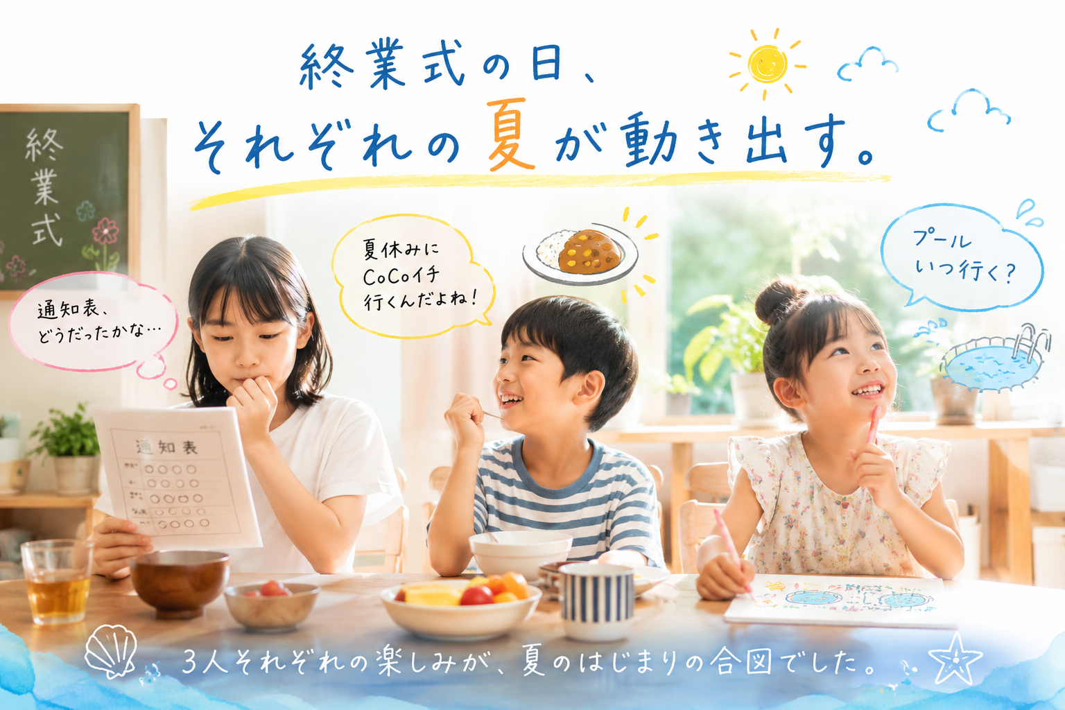 今日は終業式でした。 朝から3人の顔が、なんかいつもと違う。 長女（小6）は通知表が気になるのか、 朝ごはんを食べながらそわそわしていた。 長男（小4）は「夏休みにCoCoイチ行くんだよね！」と 朝から確認してきた。 次女（小2）は「プールいつ行く？」と もう夏の計画を練り始めていた。 3人とも楽しみにしていることが違う。 でも「夏がくる」という感覚は3人おんなじで、 その顔を見ながら「ああ、夏だな」と思いました。
