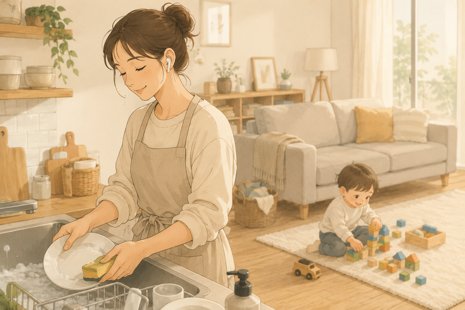 ワイヤレスイヤホンをつけて家事をしながら穏やかに微笑む親と、そのそばで楽しそうに遊ぶ小さな子どもが描かれた、温かみのあるリビングのイラスト。やさしいパステルカラーと自然光が、忙しい子育ての中でも「ながら時間」を心地よく過ごす日常を表現している。