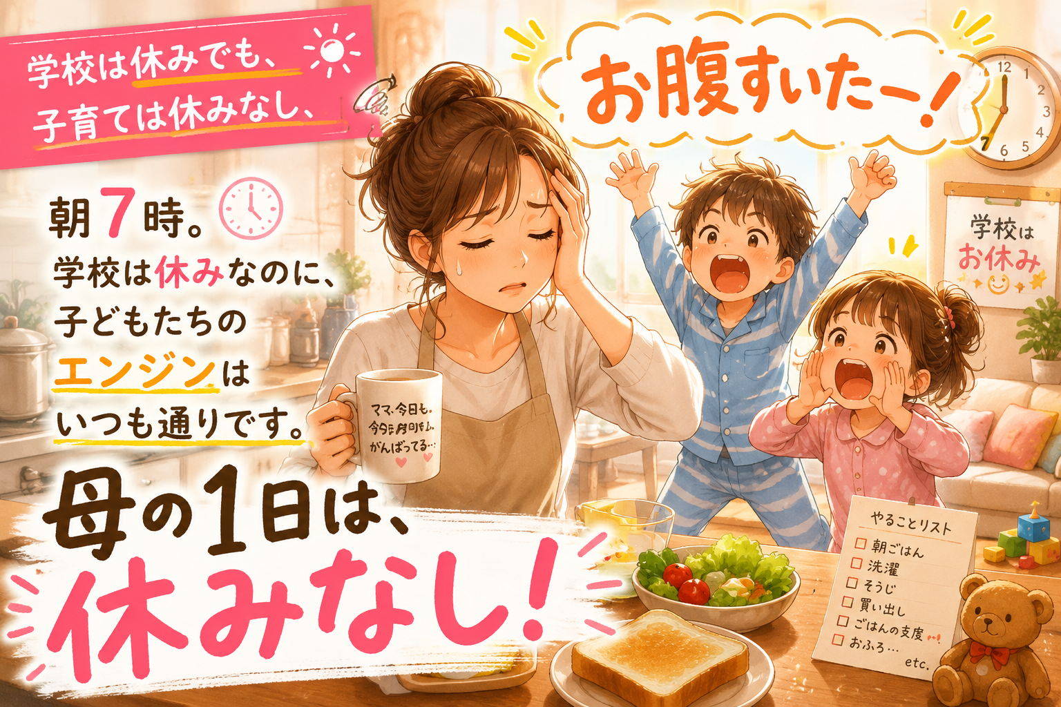 学校は休みでも、子育ては休みなし 「お腹すいたー！」 朝7時。学校は休みなのに、子どもたちのエンジンはいつも通りです。