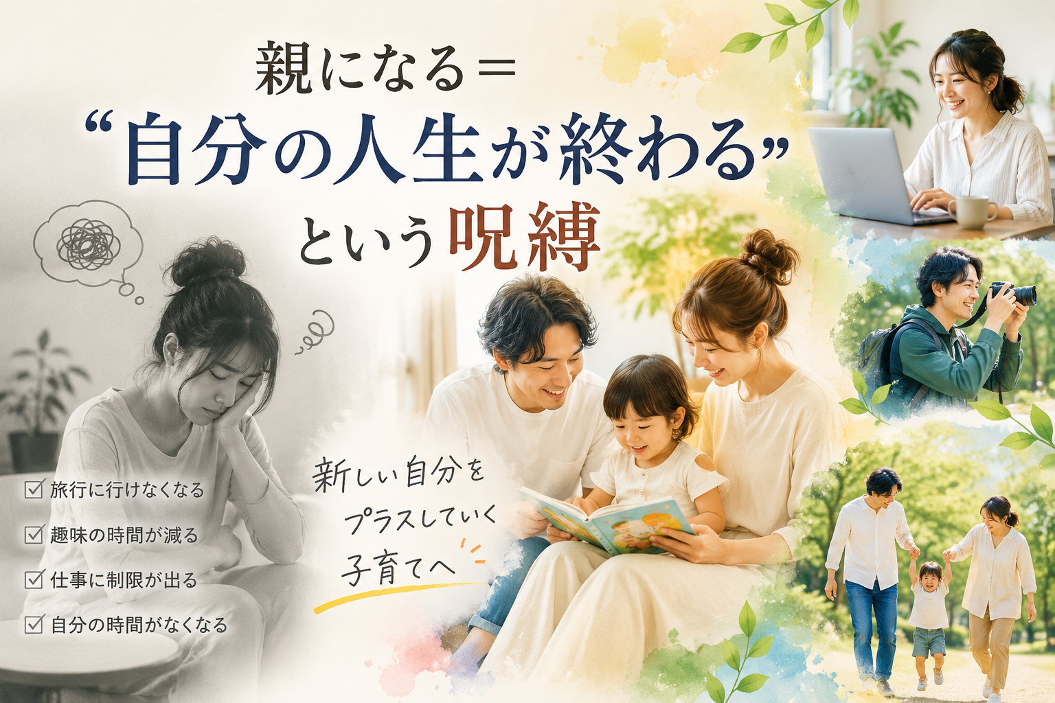 「親になる＝自分の人生が終わる」という呪縛 若い世代の夫婦の子育てを見ていて、 気づいたことがあります。 以前は、子どもができることで「失うもの」の話が 多く語られていた気がします。 旅行に行けなくなる。 趣味の時間が減る。 仕事に制限が出る。 自分の時間がなくなる。 「親になること」が、何かを諦めることとセットで 語られていた。 でも最近見ていると、 仕事も大切にしながら子育てしている親。 趣味を続けながら子どもと楽しんでいる親。 夫婦それぞれの時間を持ちながら、家族の時間も豊かにしている親。 「全部諦めて親になる」ではなく、 「自分の人生に、親という新しい自分が加わっていく」 そういう子育てをしている人たちが増えている気がします。