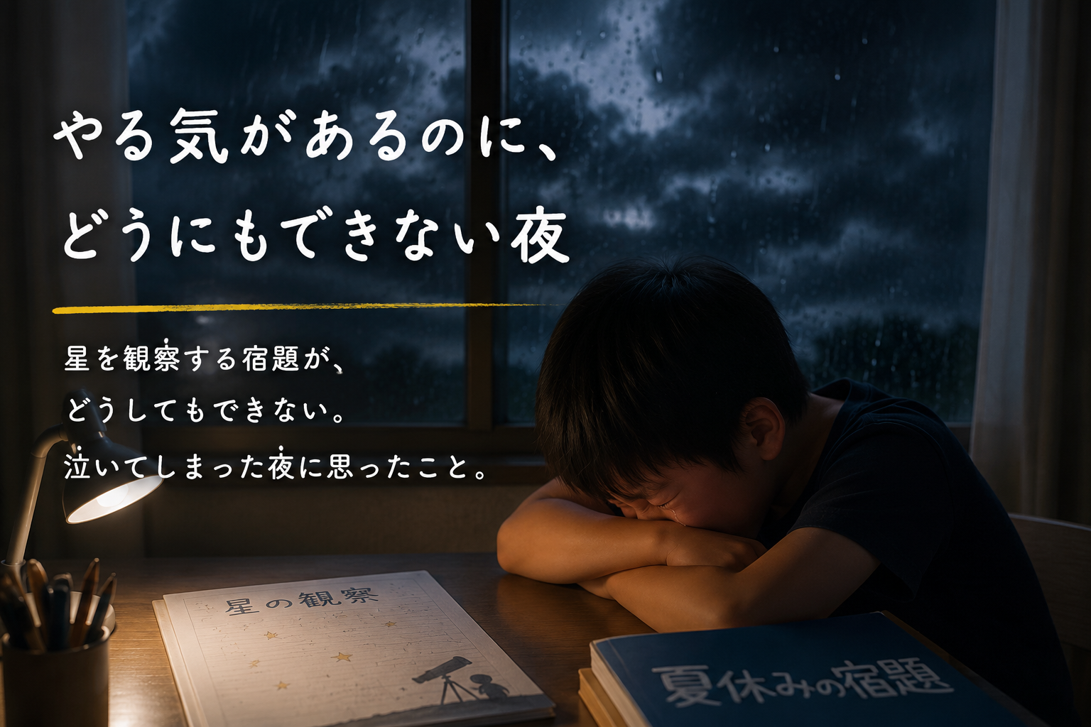 やる気があるのに、どうにもできない夜 夏休みも残りわずかになってきました。 長男（小4）には、星を観察する宿題が残っています。 ところが、雨、雨、雨。 4日連続で、夜になると天気が悪くて 星がまったく見えない。 「今日もできない…」 ついには泣いてしまいました。 やる気はある。宿題もやりたい。 でも、空が曇っていて星が見えない。 自分にはどうにもできない。 泣いている長男を見ながら、 「これも宿題の一部なのかもしれない」と思いました。
