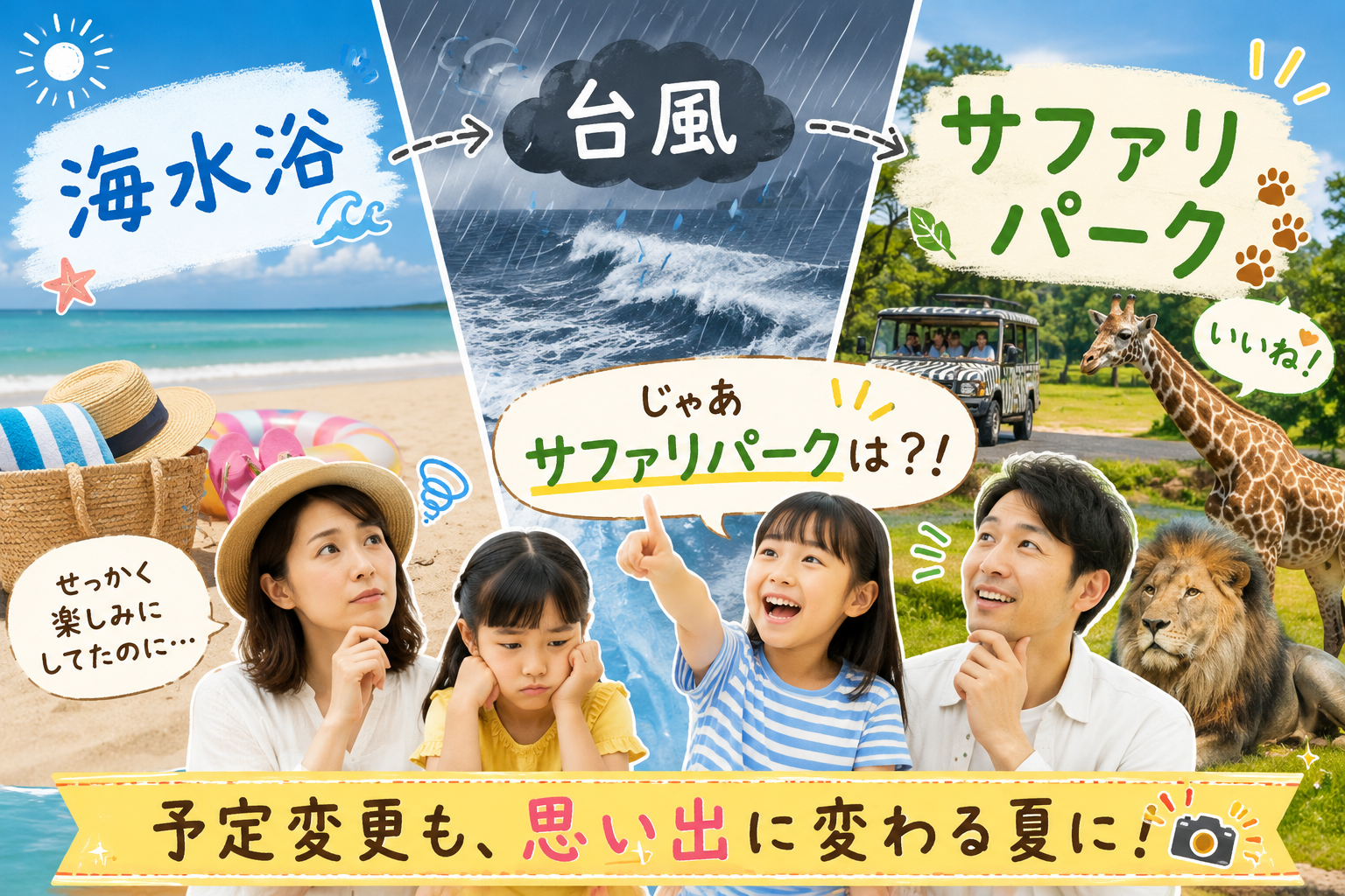 海水浴→台風→サファリパーク、という夏 夏休みに家族で海水浴に行く予定でした。 子どもたちも楽しみにしていて、 準備も整えていたのに—— 台風の影響で波が高くなり、安全を考えて予定を変更することに。 「えー！」という声が上がるかと思いきや、 「じゃあサファリパークは？！」と 次女（小2）が即提案してきた。