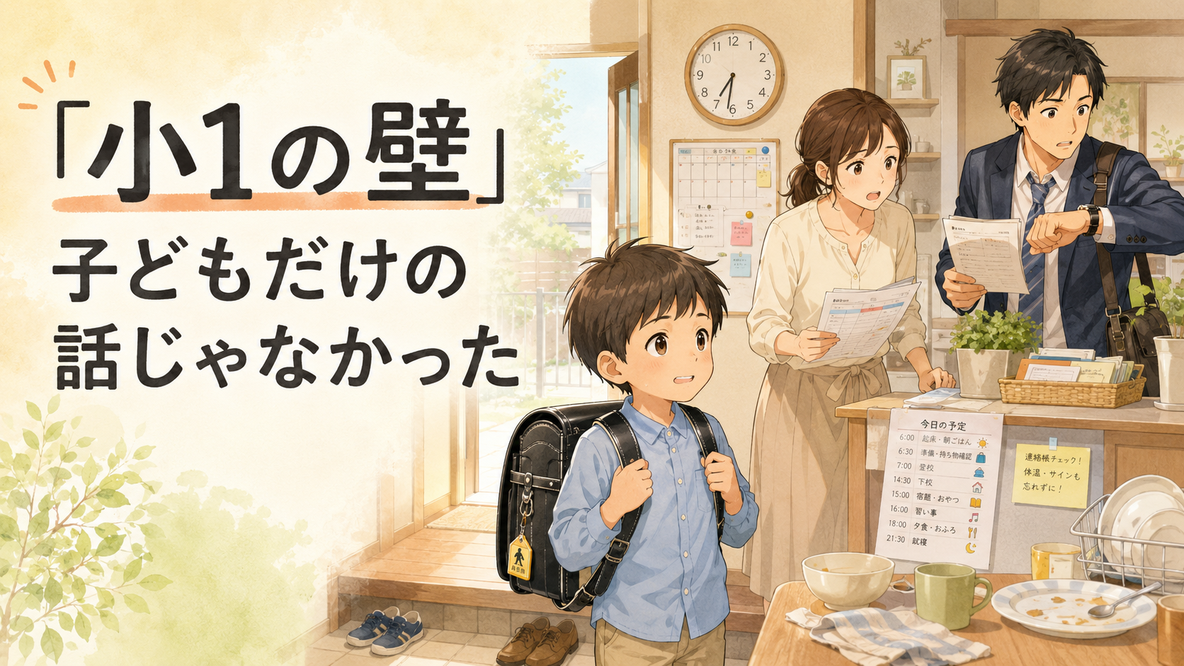 「小1の壁」、子どもだけの話じゃなかった 「小1の壁」という言葉は知っていました。 でも実際に経験するまで、 「子どもが小学校に慣れるのが大変な時期」だと なんとなく思っていました。 違いました。 小学校入学で変わるのは、子どもの生活だけじゃなかった。 親の生活も、夫婦の関係も、家族の時間の使い方も、 全部が変わりました。