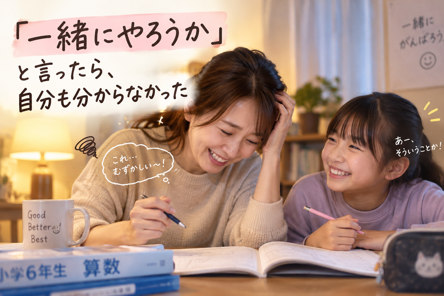 「一緒にやろうか」と言ったら、自分も分からなかった 少し前に「算数、見て」と言われたのに 余裕がなくて応えられなかった夜がありました。 だから改めて「この前の算数、一緒にやろうか」と 声をかけました。 ……が、小6の算数、やっぱり難しかった（笑） 自分もすぐには分からなくて、 娘と一緒に解説を読む羽目になりました。 「あー、そういうことか！」 やっと理解できた瞬間、 娘がニコッとしました。 あの笑顔に、なんだか自分まで救われた気がしました。